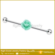 Chirurgischer Stahl hell grüne Harz Rose Blume Ohr Industrial Barbell 14 Gauge